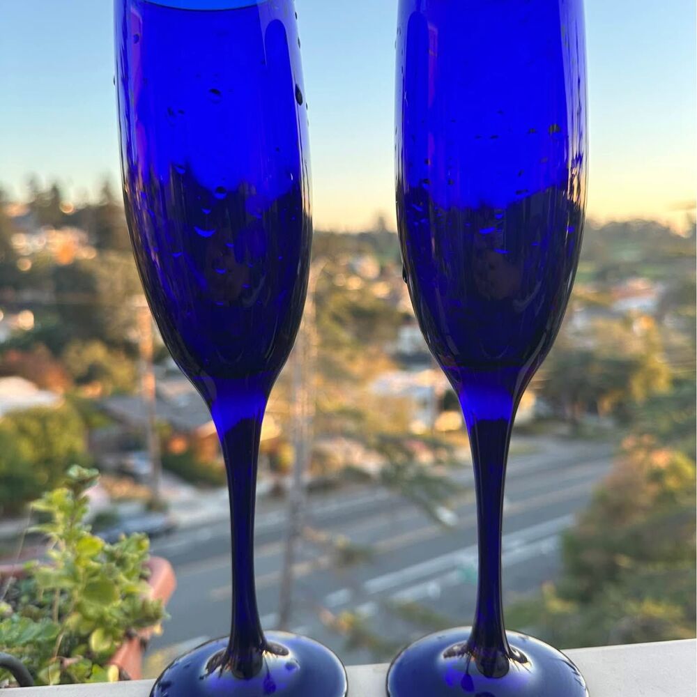 Vintage Glass Cobalt Blue Champagne Flutes, Set of 2